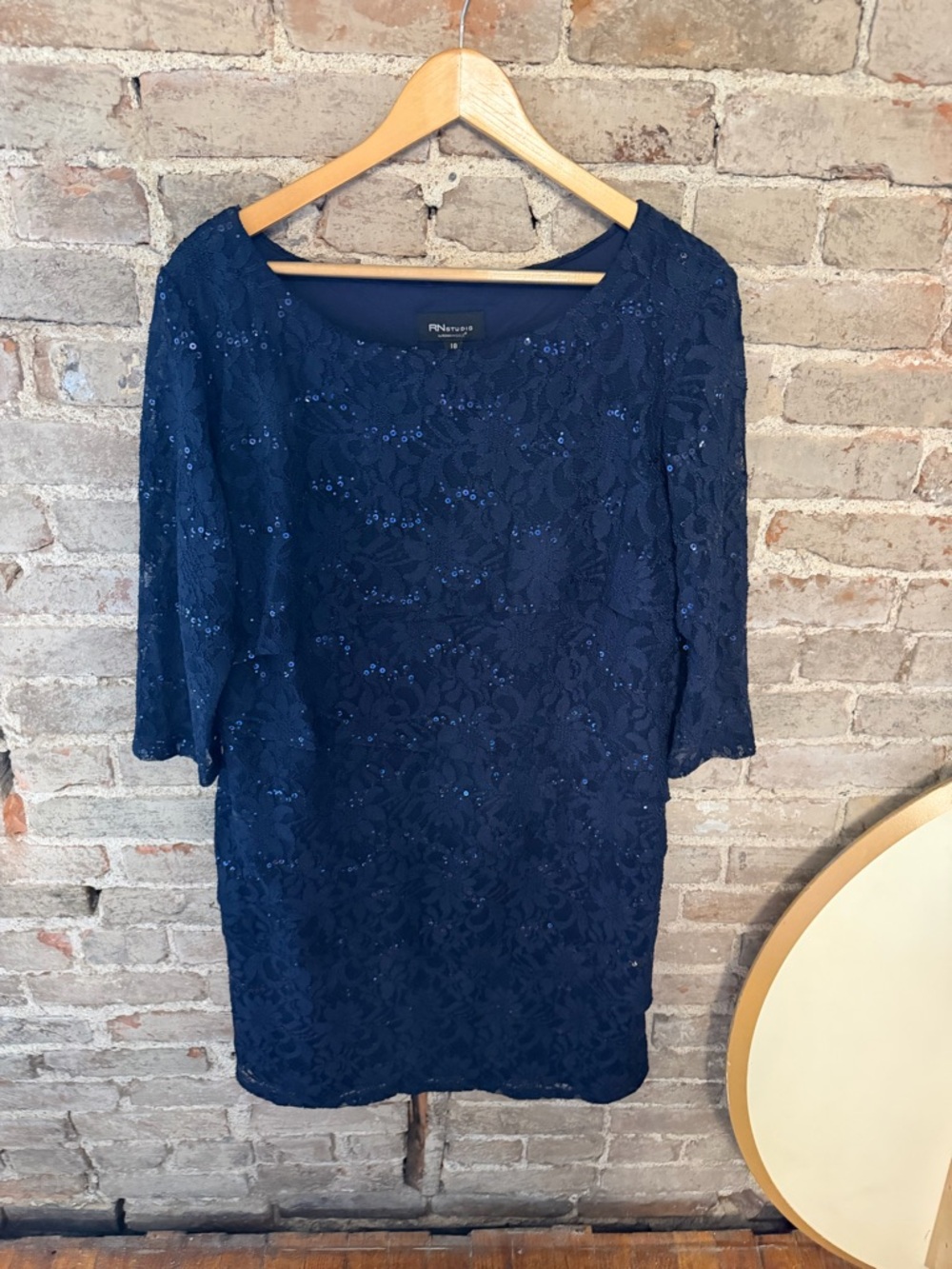 Ronni Nicole Navy Blue Lace Sequin Sheath Dress